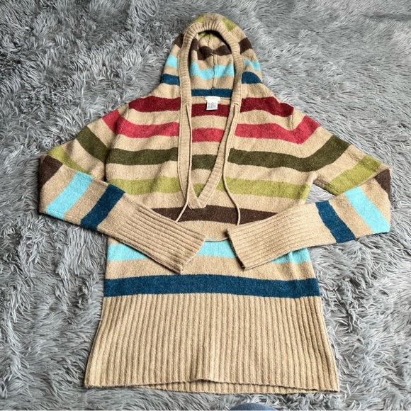 Maurices Sweater Womens Medium Wool Blend Soft Vneck Striped Lightweight Hood - Picture 1 of 7
